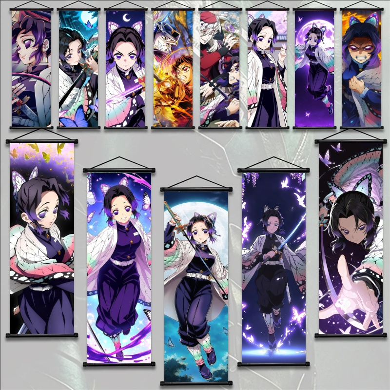 Textiles For Home - 胡蝶しのぶ デーモンスレイヤーアートファブリック掛け軸、アニメウォールアート、ファンへのギフト、寝室の家の装飾