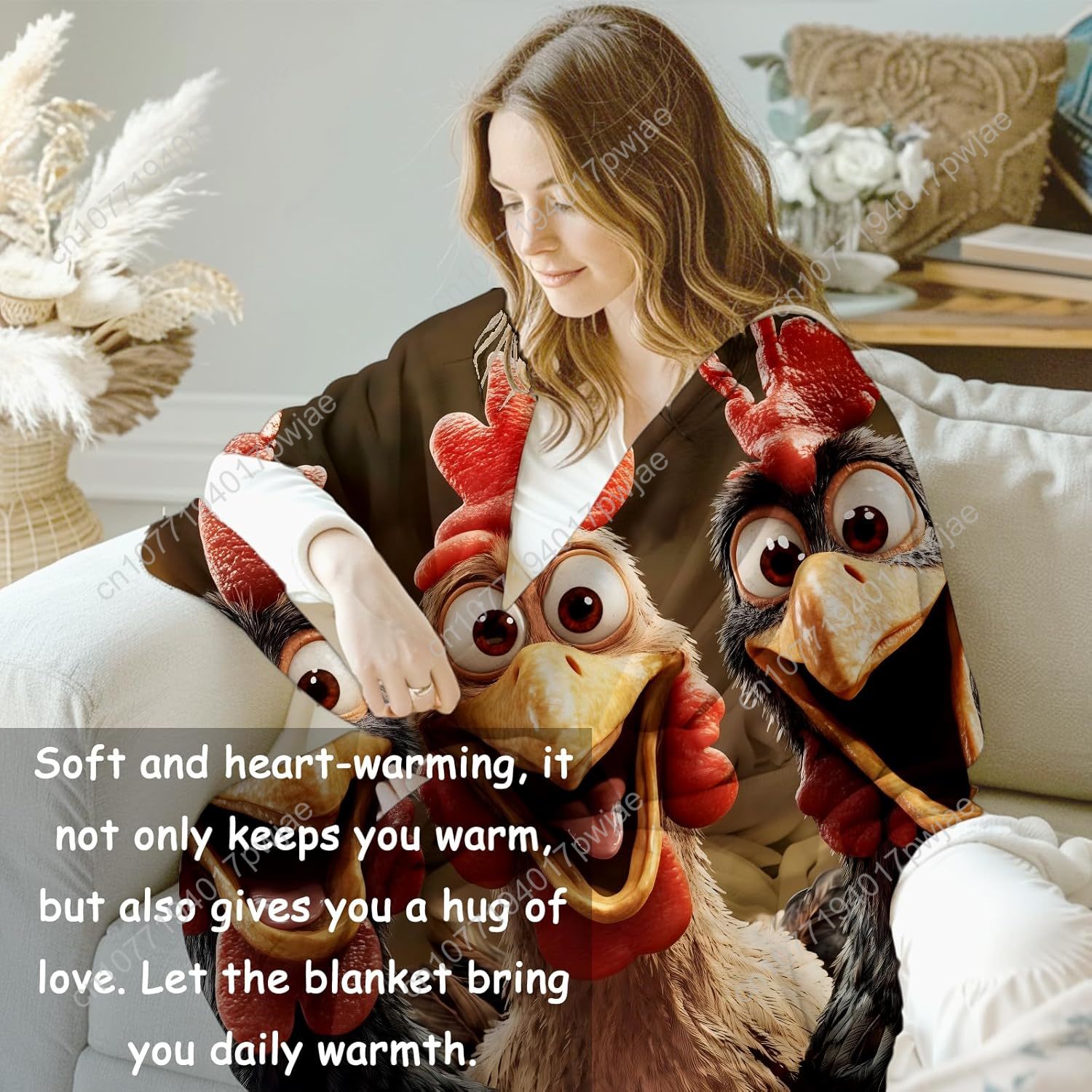 女性へのギフトに最適な鶏の毛布、漫画の3匹の陽気な鶏のフラン - Home Textiles Throw のレビューと価格