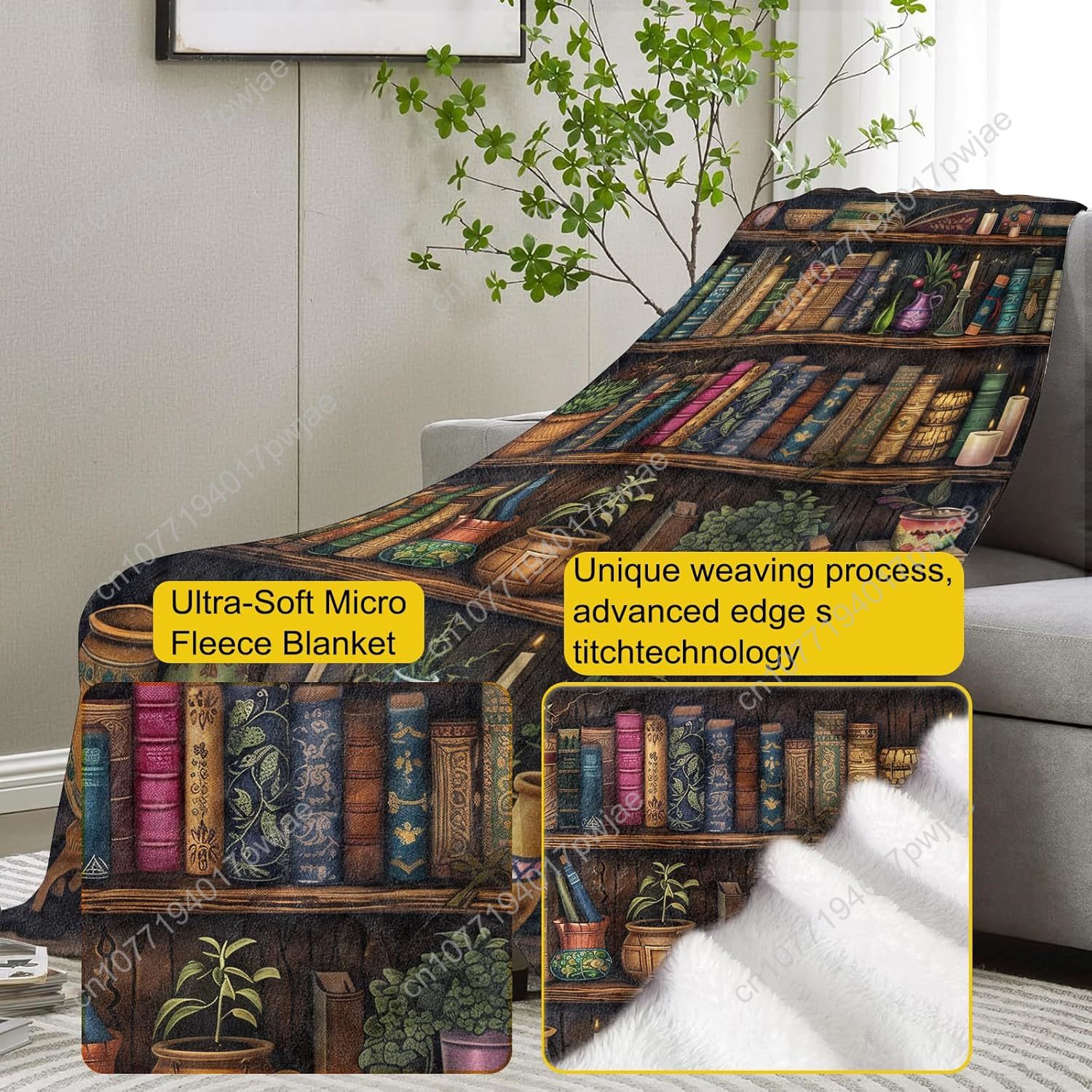 ヴィンテージブックシェルフブランケット、アンティークブックと - Home Textiles Throw のレビューと価格