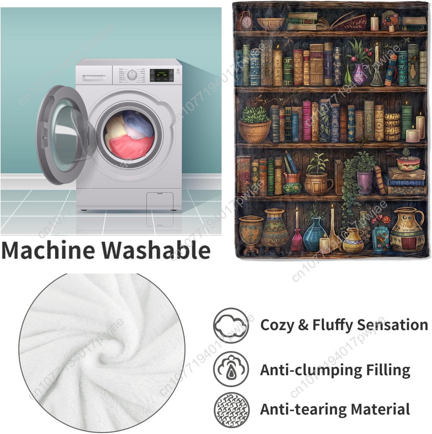 ヴィンテージブックシェルフブランケット、アンティークブックと - Home Textiles Throw のレビューと価格