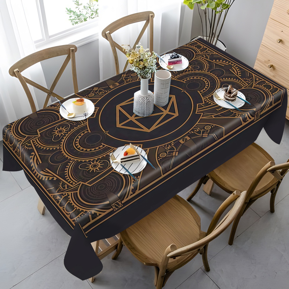 スチームパンクブラックゴールデンギアパターンテーブルクロス  - Textiles For Home のレビューと価格