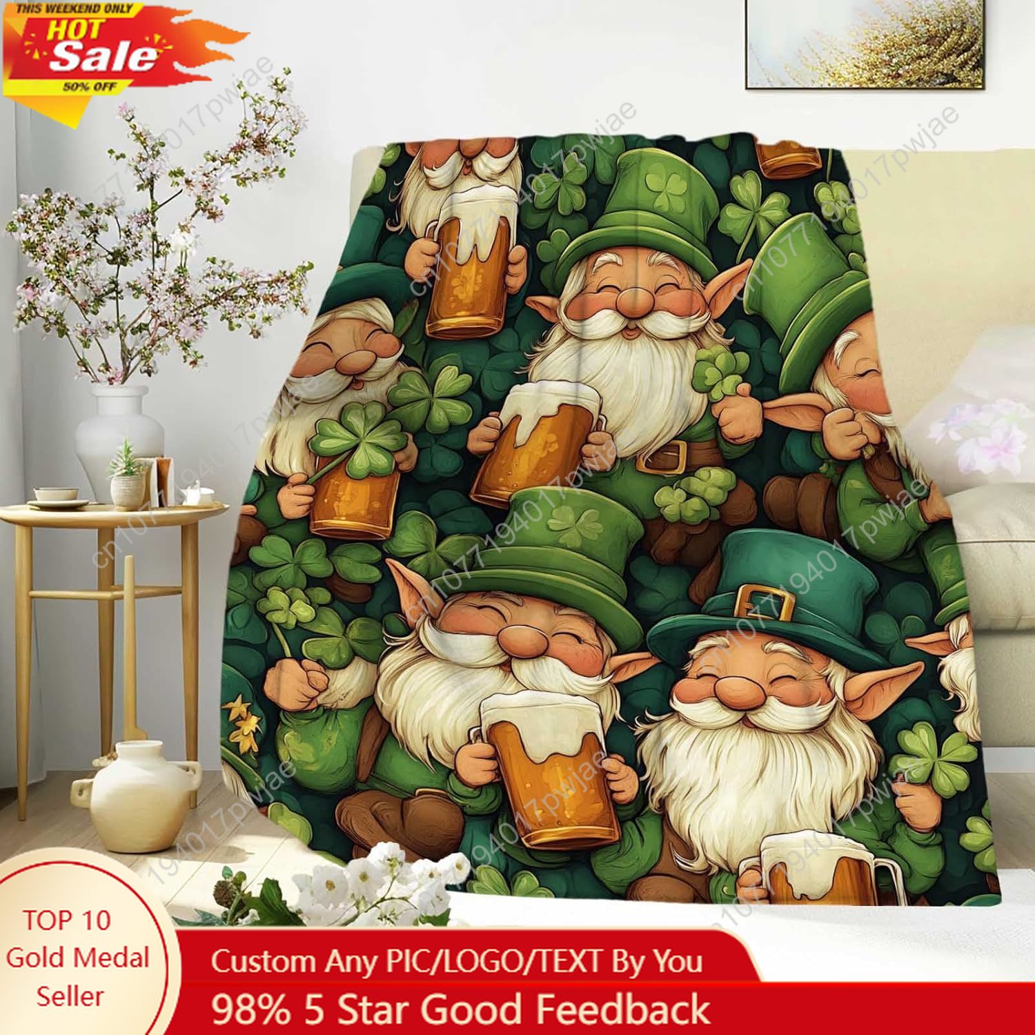 聖パトリックの日ノーム柄スローブランケット、ビールジョッキと - Home Textiles Throw のレビューと価格
